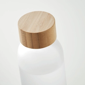 Bouteille en verre avec finition givrée et couvercle en bambou personnalisable