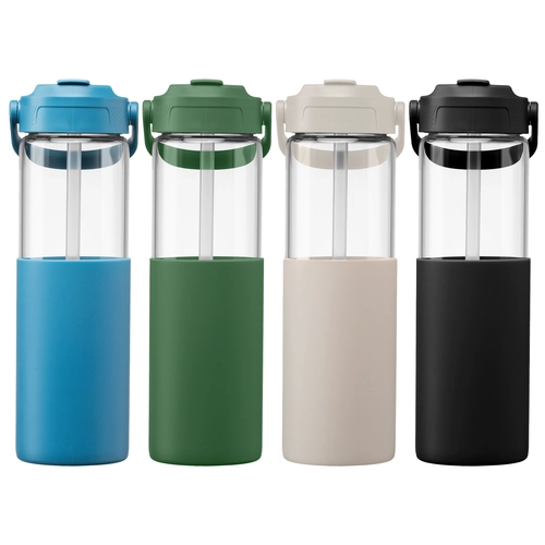 image du produit Gourde en verre avec manchon silicone et paille – 590 ml